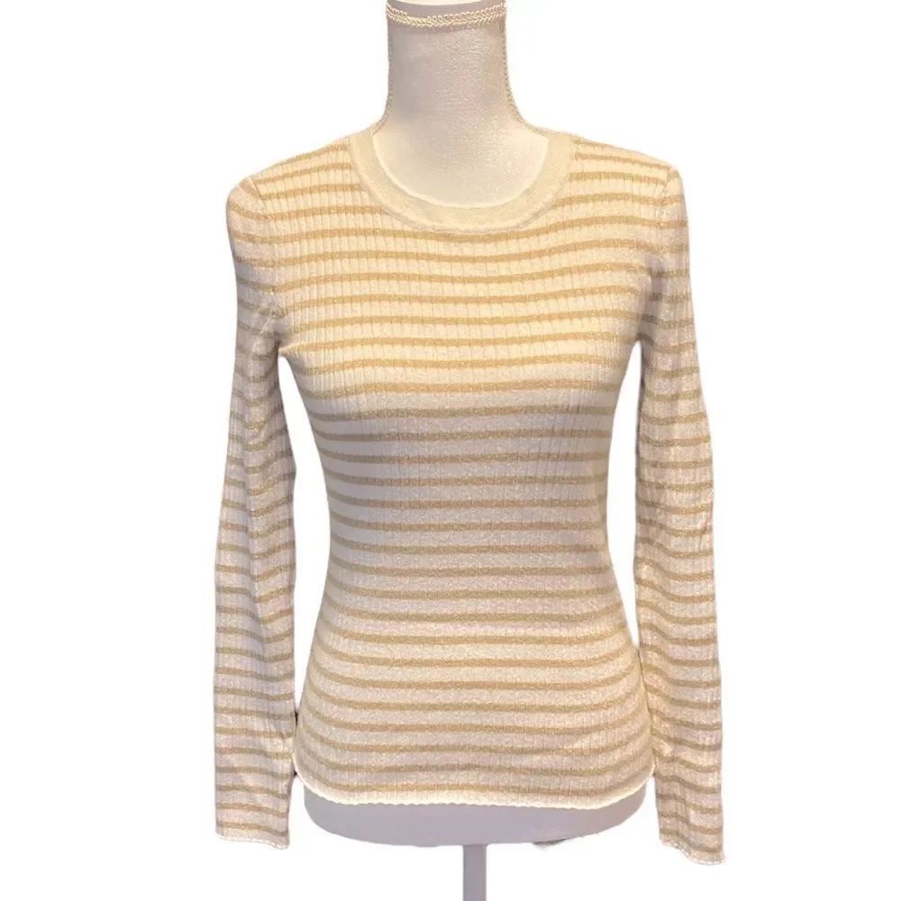 NINE WEST White and Gold Ribbed Long Sleeve Fitted Striped Shirt Women’s Medium